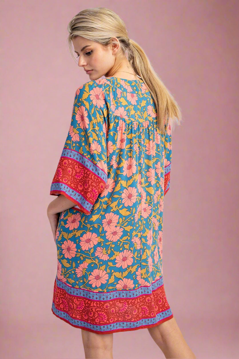 Border Printed Challis Dress - Teal