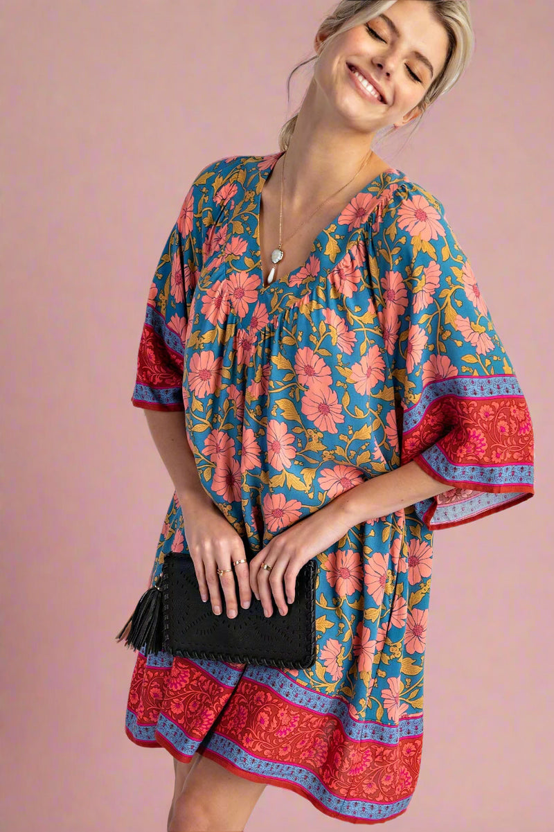 Border Printed Challis Dress - Teal