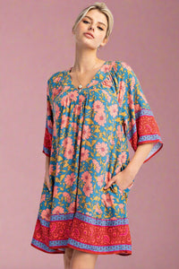 Border Printed Challis Dress - Teal