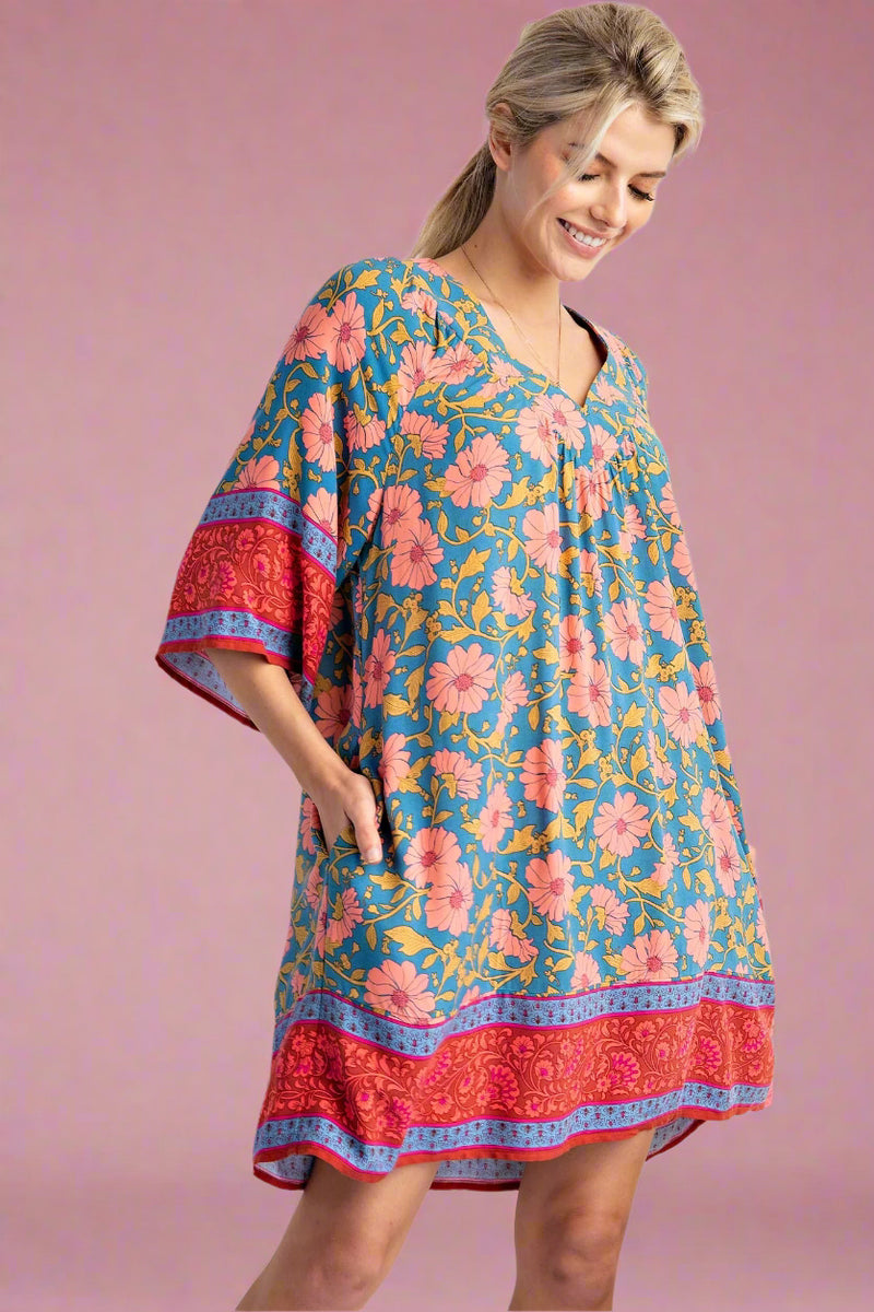 Border Printed Challis Dress - Teal