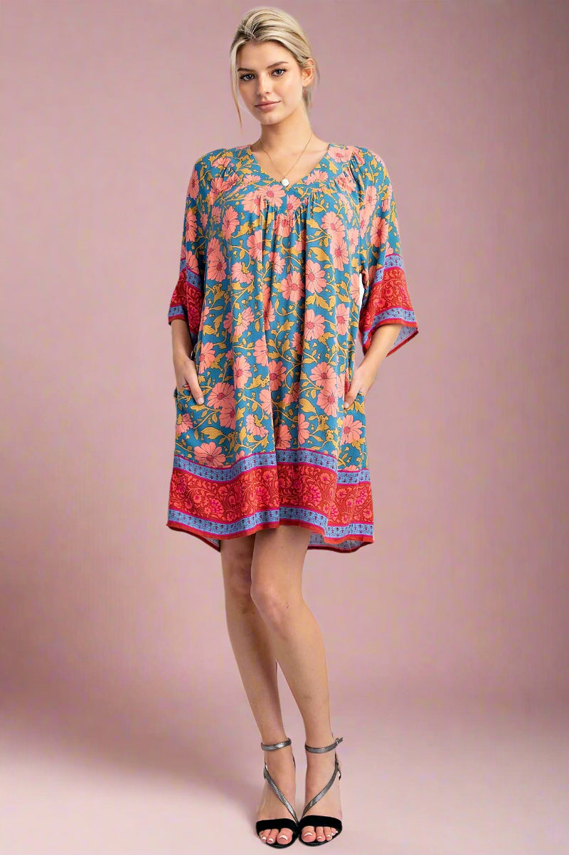 Border Printed Challis Dress - Teal