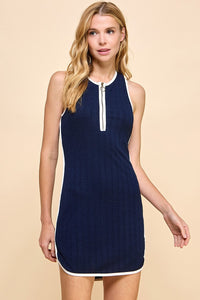 Textured Front Zipper Dress - Navy