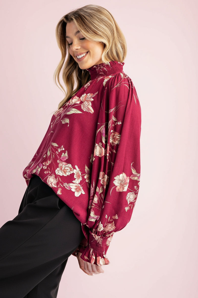 Gauze Mock Neck Blouse - Plum