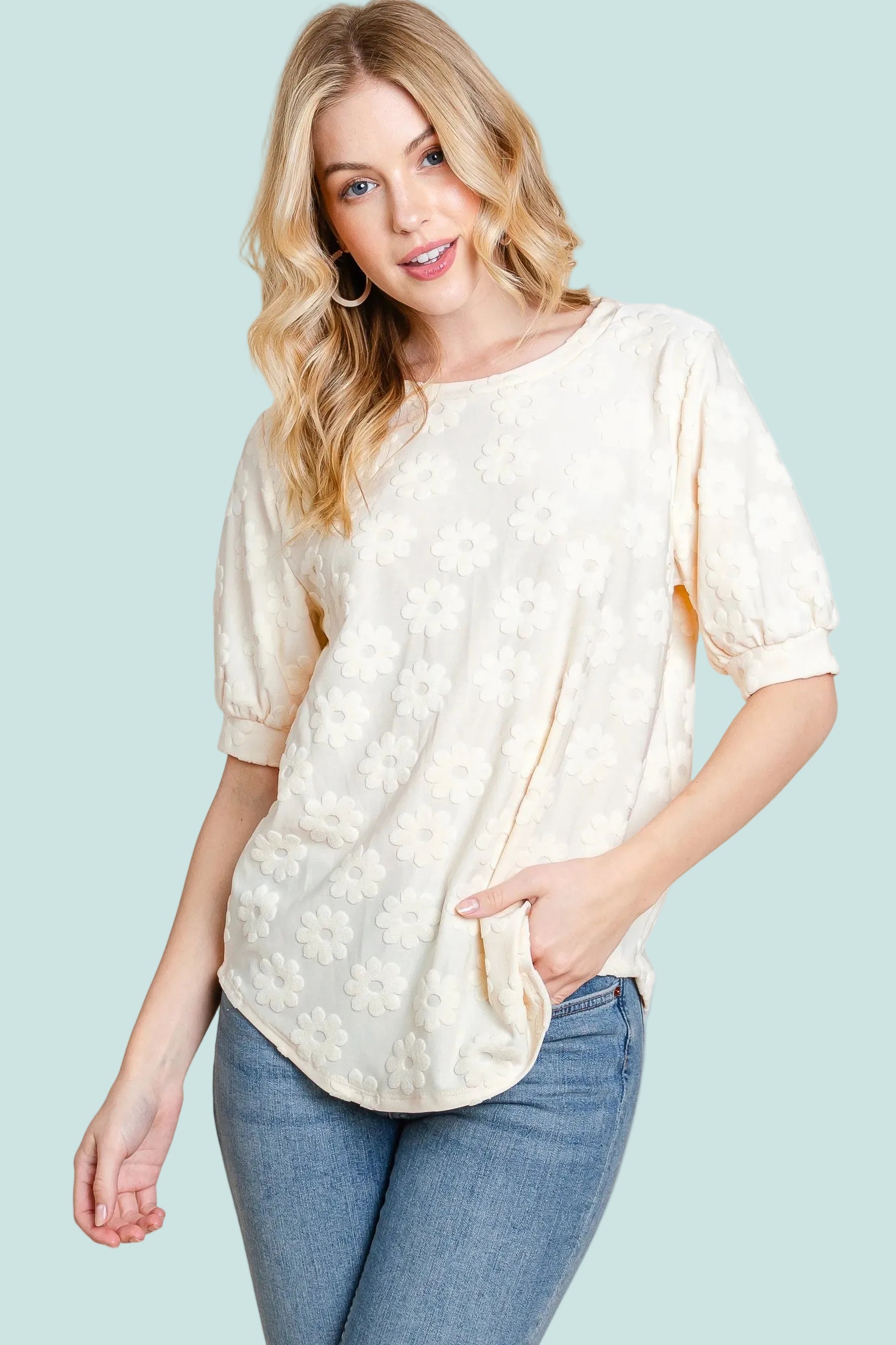 Daisy Embroidered Puff Sleeve Top - Cream