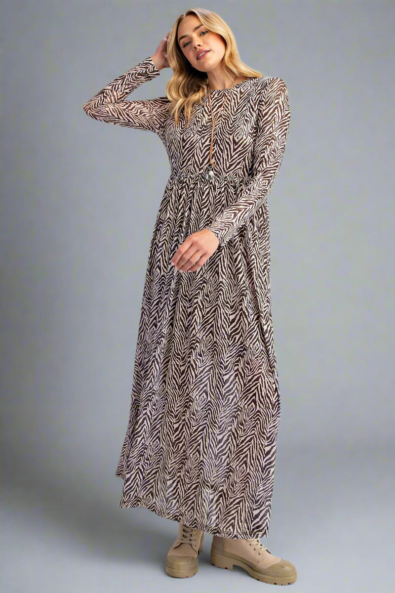 Sheer Animal Print Dress - Brown