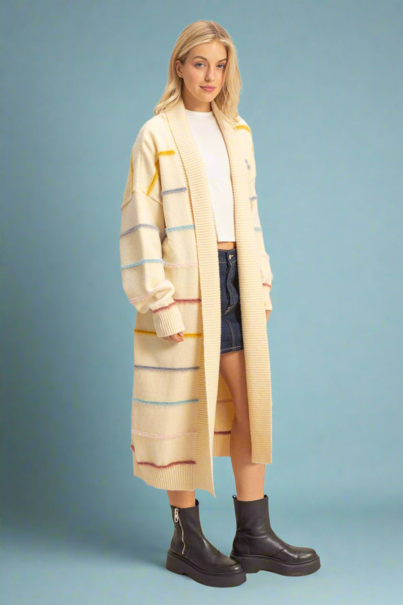 Striped Open Front Long Cardigan - Cream