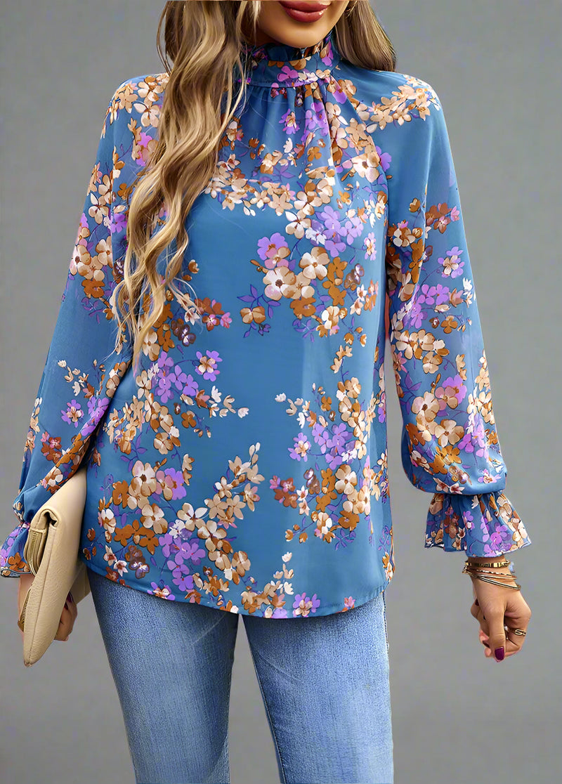 Bright Floral Ruffle Trim Blouse - Blue