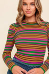 Ribbed Puff Sleeve Striped Top - Pink