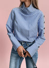 Button-Up High Neck Pullover Shirt - Blue