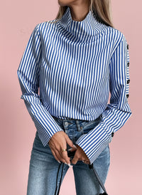Button-Up High Neck Pullover Shirt - Blue
