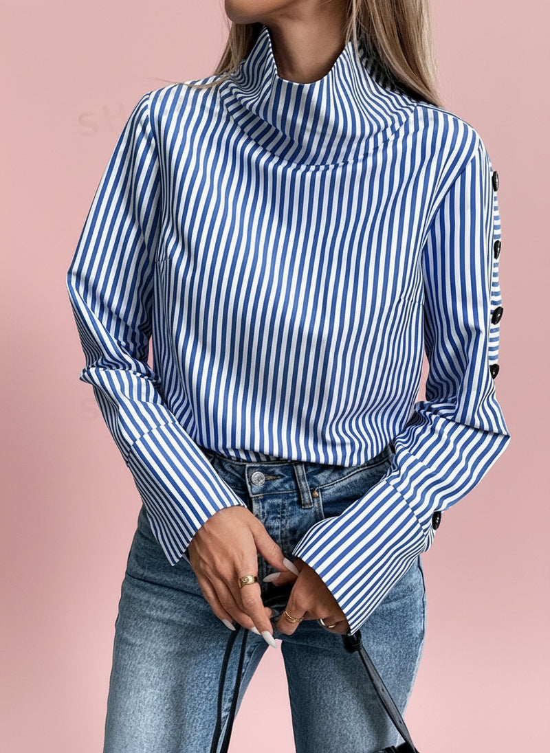 Button-Up High Neck Pullover Shirt - Blue