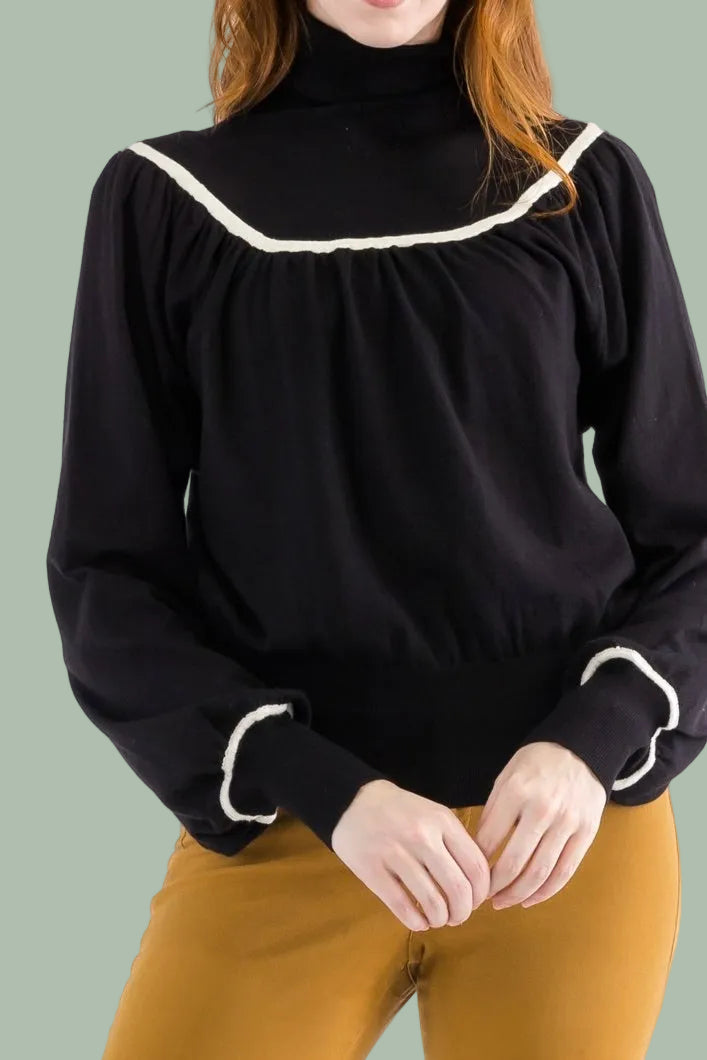 Contrast Piping Turtleneck - Black