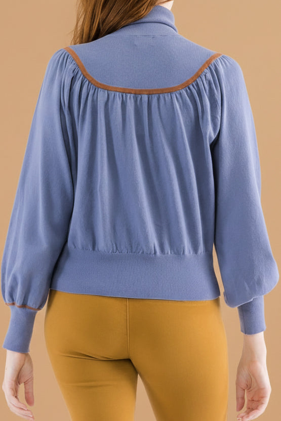Contrast Piping Turtleneck - Blue