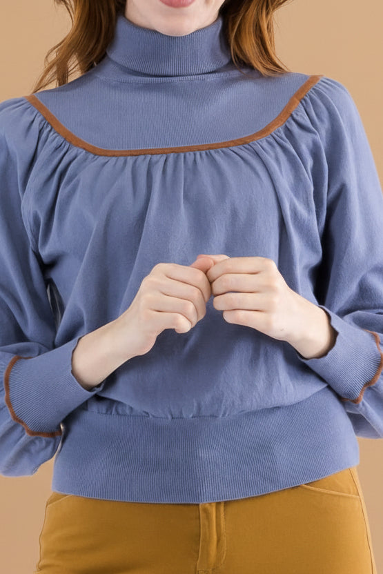 Contrast Piping Turtleneck - Blue