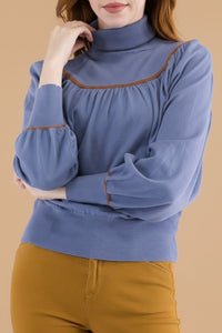 Contrast Piping Turtleneck - Blue