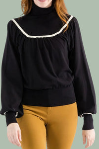 Contrast Piping Turtleneck - Black