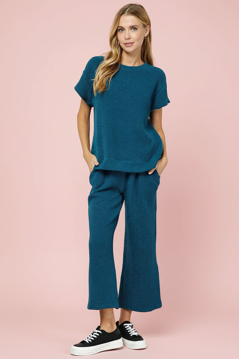 Textured Cropped Pants - Teal