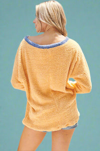 Color Block Fuzzy Sweater Long Sleeve Top Mustard