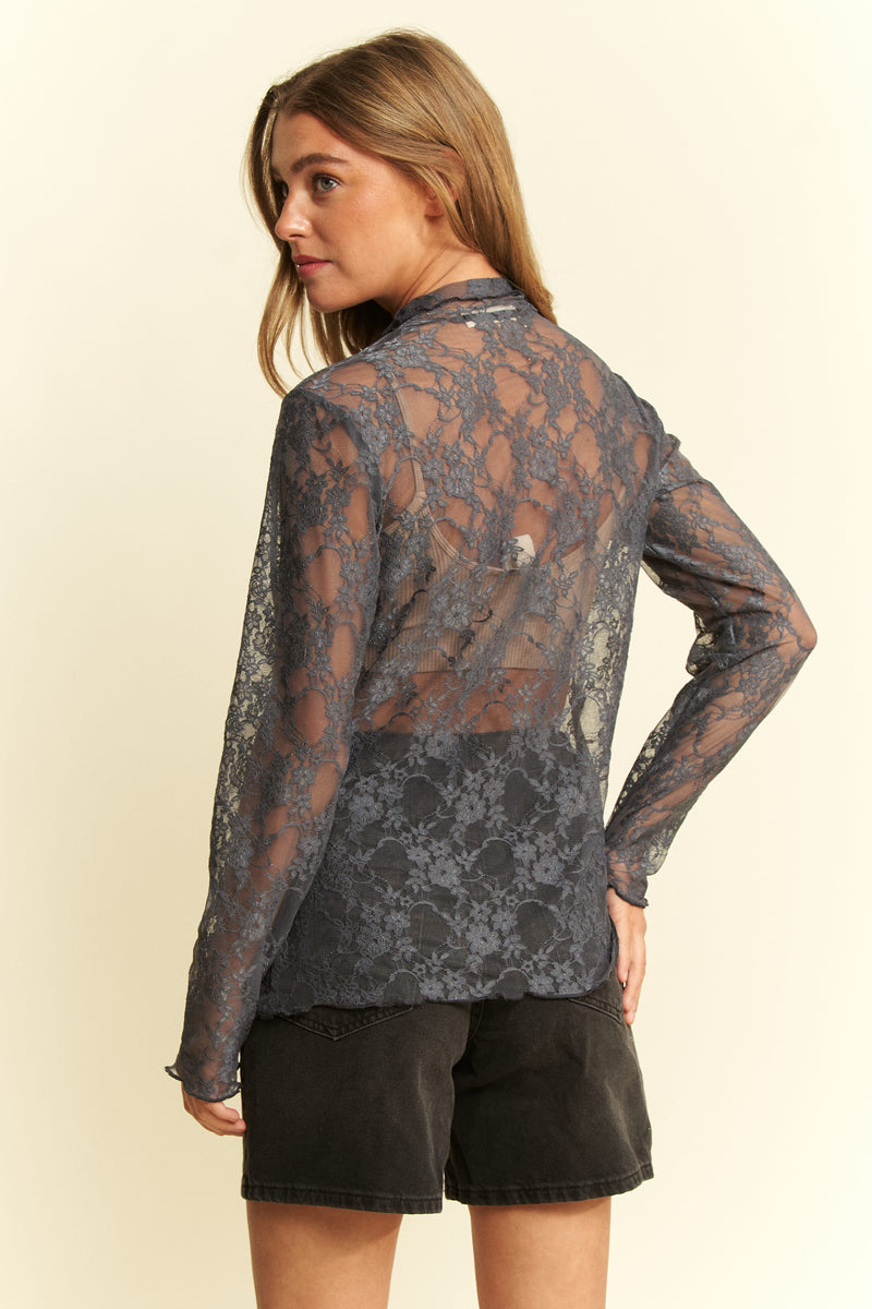 Floral Lace Long Sleeve Top - Charcoal