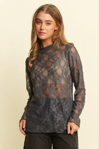 Floral Lace Long Sleeve Top - Charcoal