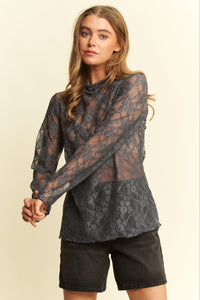 Floral Lace Long Sleeve Top - Charcoal