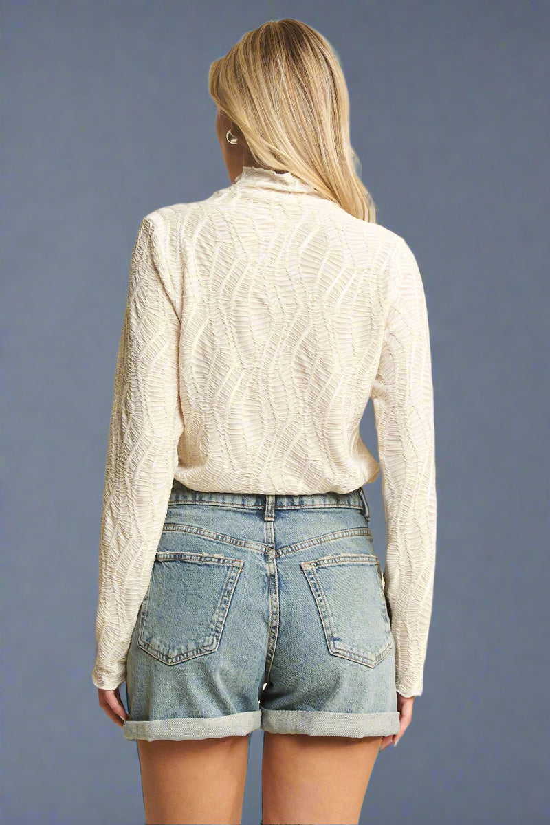 Mock Neck Wave Jacquard Top - Cream
