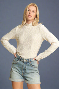 Mock Neck Wave Jacquard Top - Cream