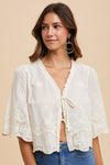 Floral Embroidery Tie Front Blouse - Ivory