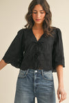 Floral Embroidery Tie Front Blouse - Black