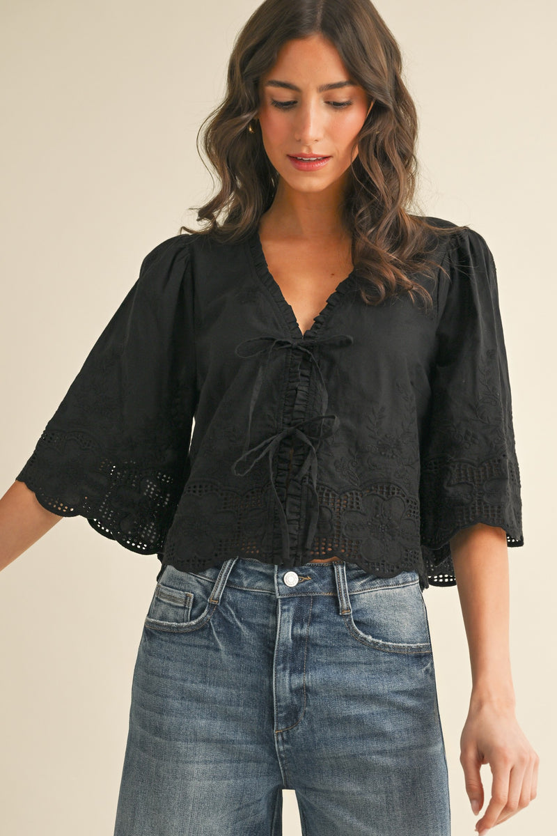Floral Embroidery Tie Front Blouse - Black