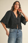 Floral Embroidery Tie Front Blouse - Black