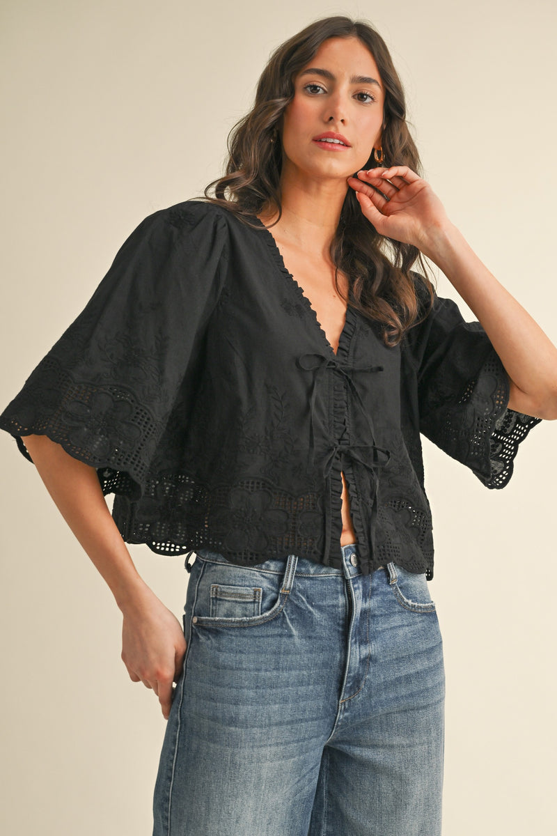 Floral Embroidery Tie Front Blouse - Black