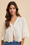 Floral Embroidery Tie Front Blouse - Ivory