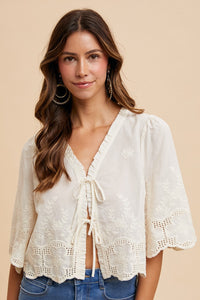 Floral Embroidery Tie Front Blouse - Ivory