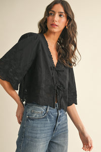 Floral Embroidery Tie Front Blouse - Black
