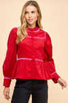 Corduroy Scallop Detail Button Up Top