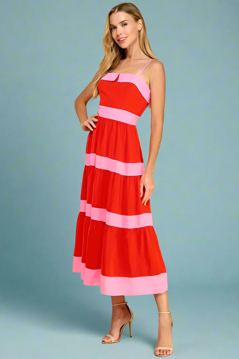 Tiered Bow Back Midi Dress - Red TCEC Pink Spaghetti Straps Zipper Spot Tiered Bow Back Midi Dress - Red TCEC Pink Spaghetti Straps Zipper Spot