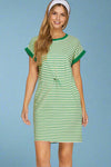 Cinch Waist Striped Knit Dress - Green