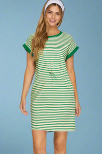 Cinch Waist Striped Knit Dress - Green
