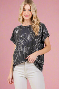 Rib Knit Floral T-Shirt - Black
