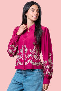 Flower Embroidered Shirt - Pink