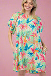 Tropical Bubble Sleeve Dress - Lime Green