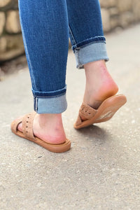 Crochet Knitted Cross Strap Sandals - Tan