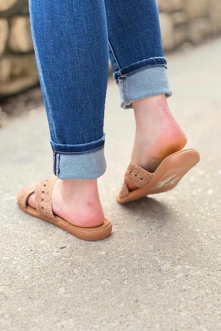Crochet Knitted Cross Strap Sandals - Tan