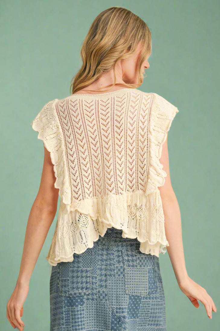 Flutter Sleeve Flared Pointelle Sweater