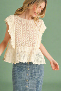 Flutter Sleeve Flared Pointelle Sweater