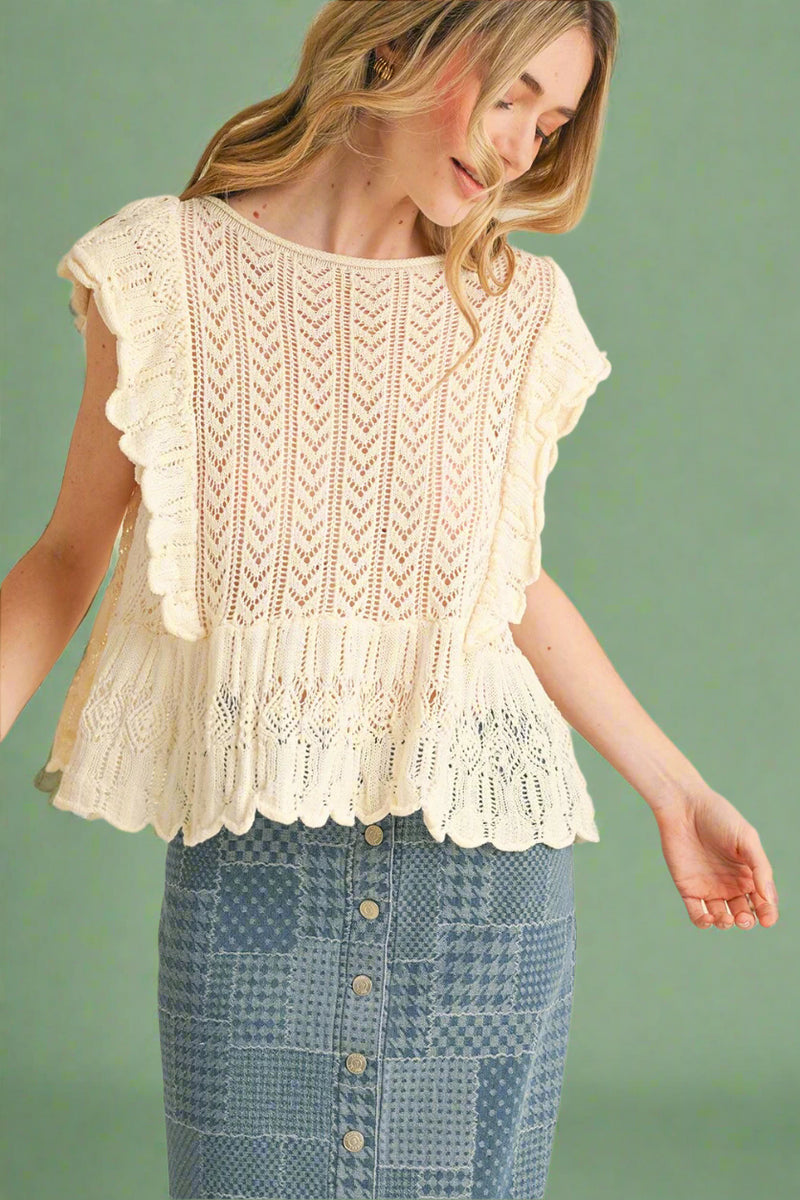 Flutter Sleeve Flared Pointelle Sweater