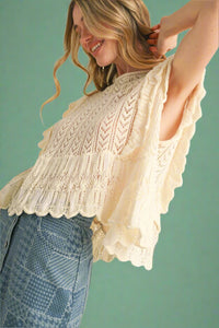 Flutter Sleeve Flared Pointelle Sweater