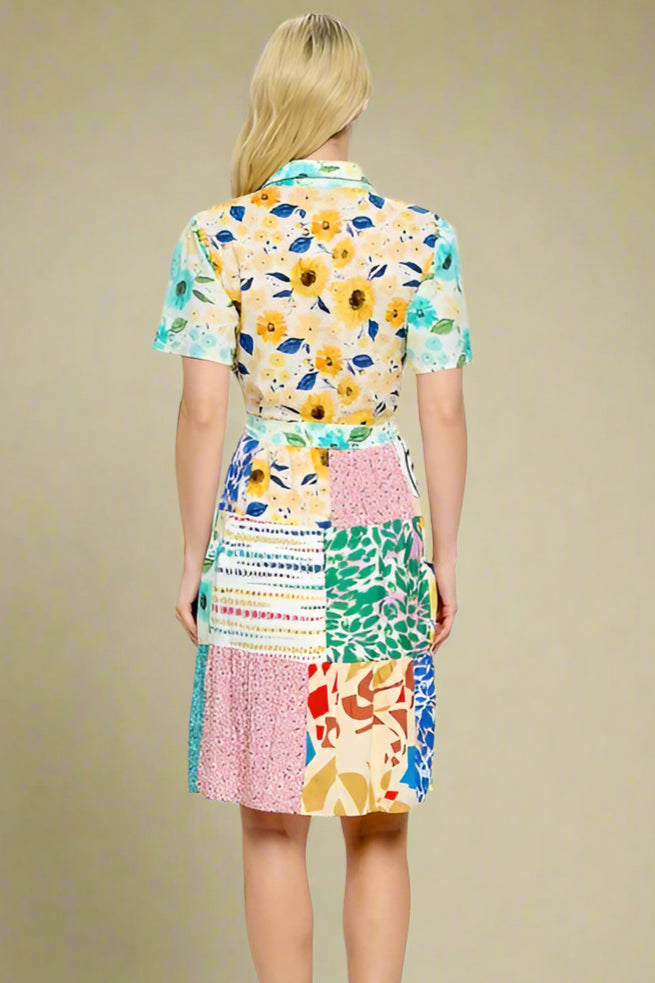 Patchwork Button Shirt Dress - Multi