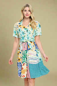 Patchwork Button Shirt Dress - Multi